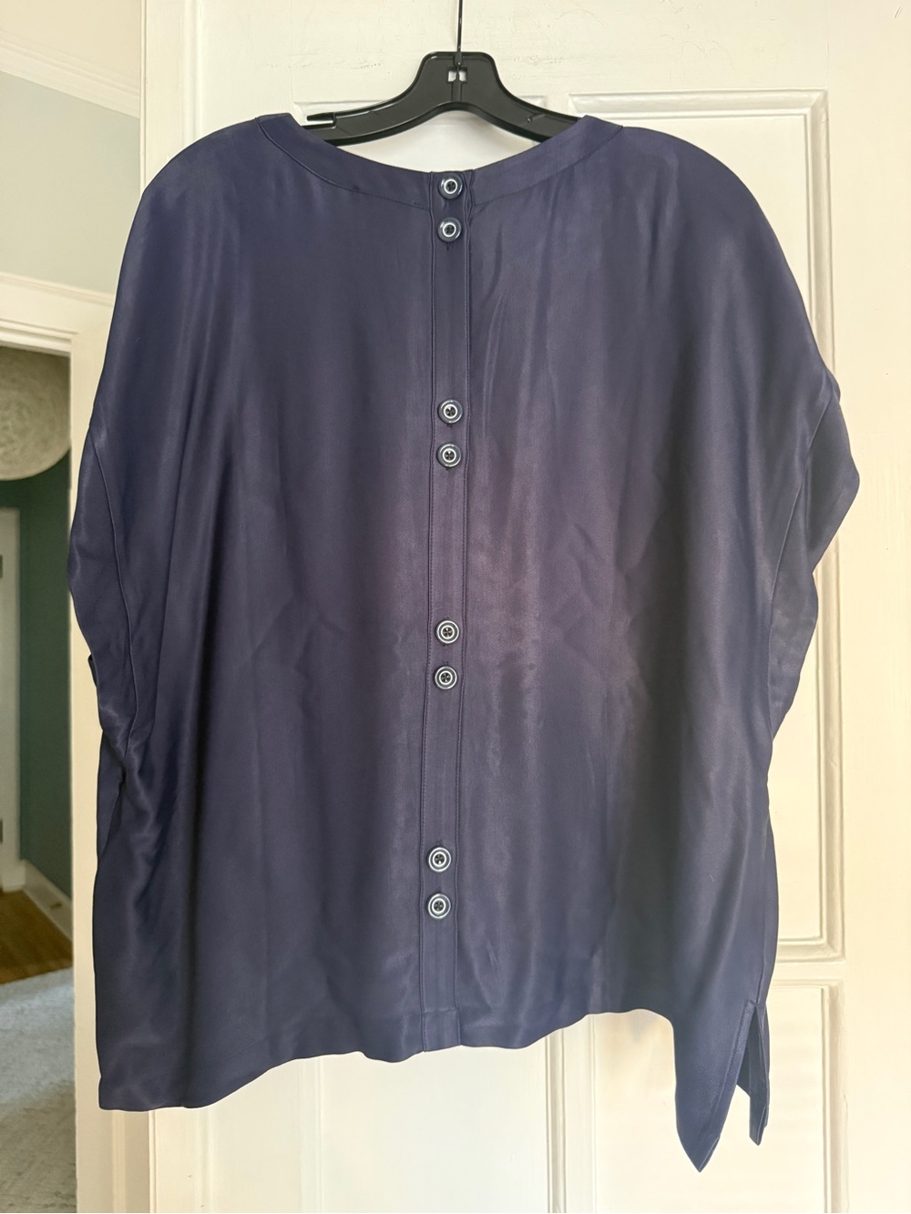 Anthropologie Maeve Buttoned Back Navy Satin Short Sleeve Boxy Top